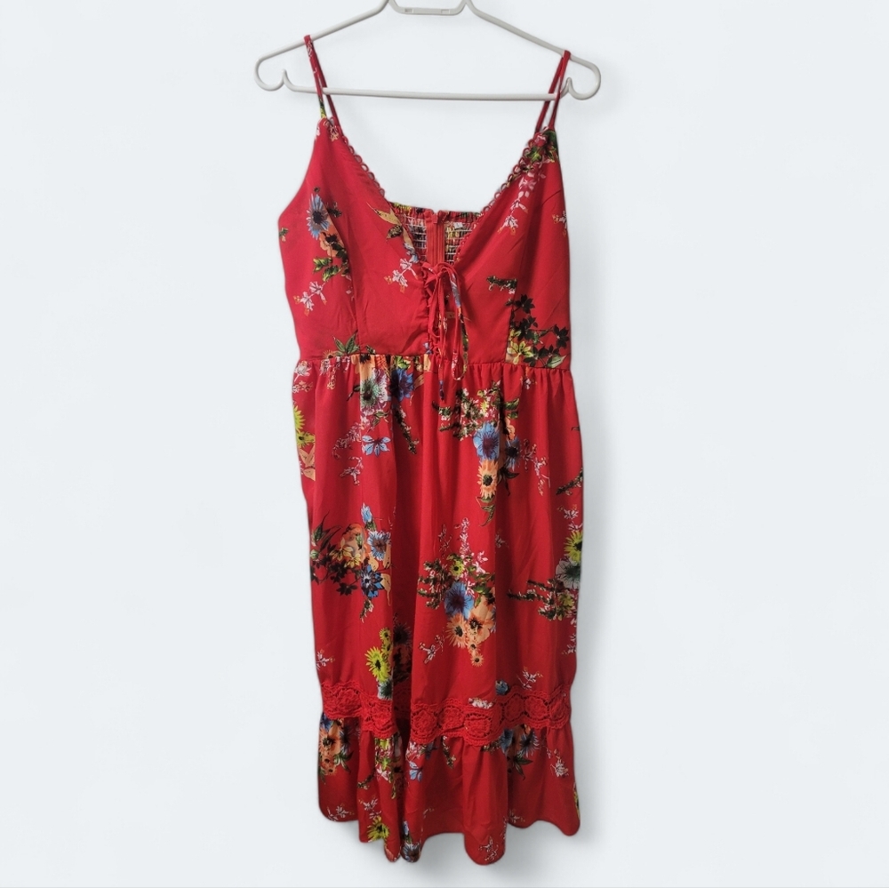 Shein Floral Print Lace Up Dress | Size: L - NWOT - Red